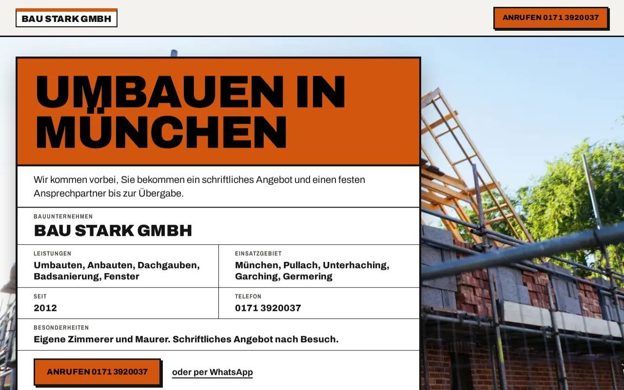 Beispiel-Website für Bauunternehmen: Bau Stark GmbH, München