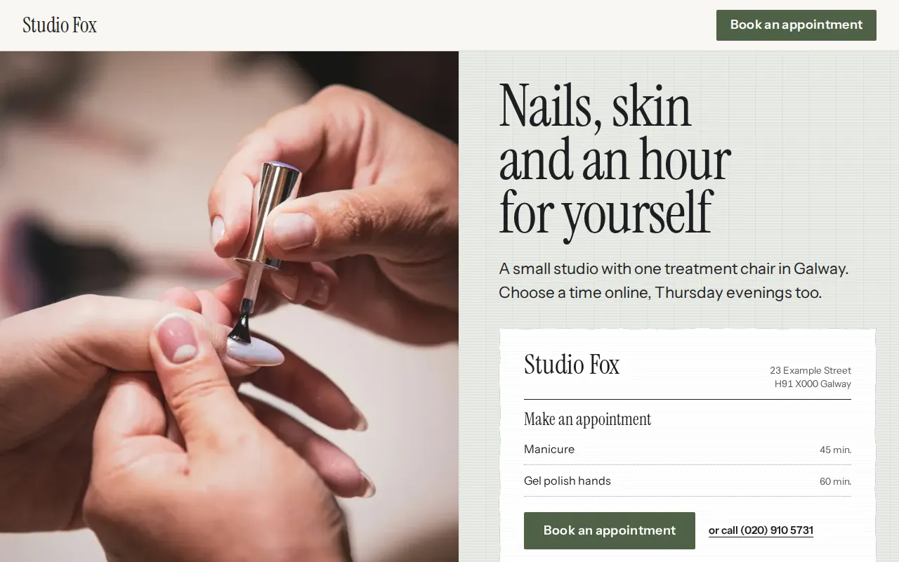 Example website for a beauty salon: Studio Fox, Galway