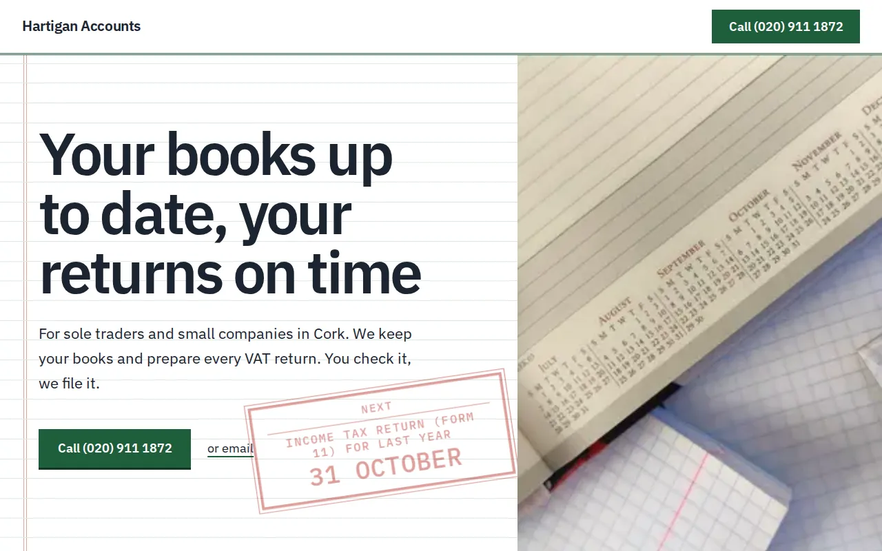 Example website for a bookkeeper: Hartigan Accounts, Cork
