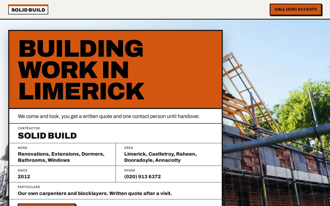 Example website for a builder: Solid Build, Limerick