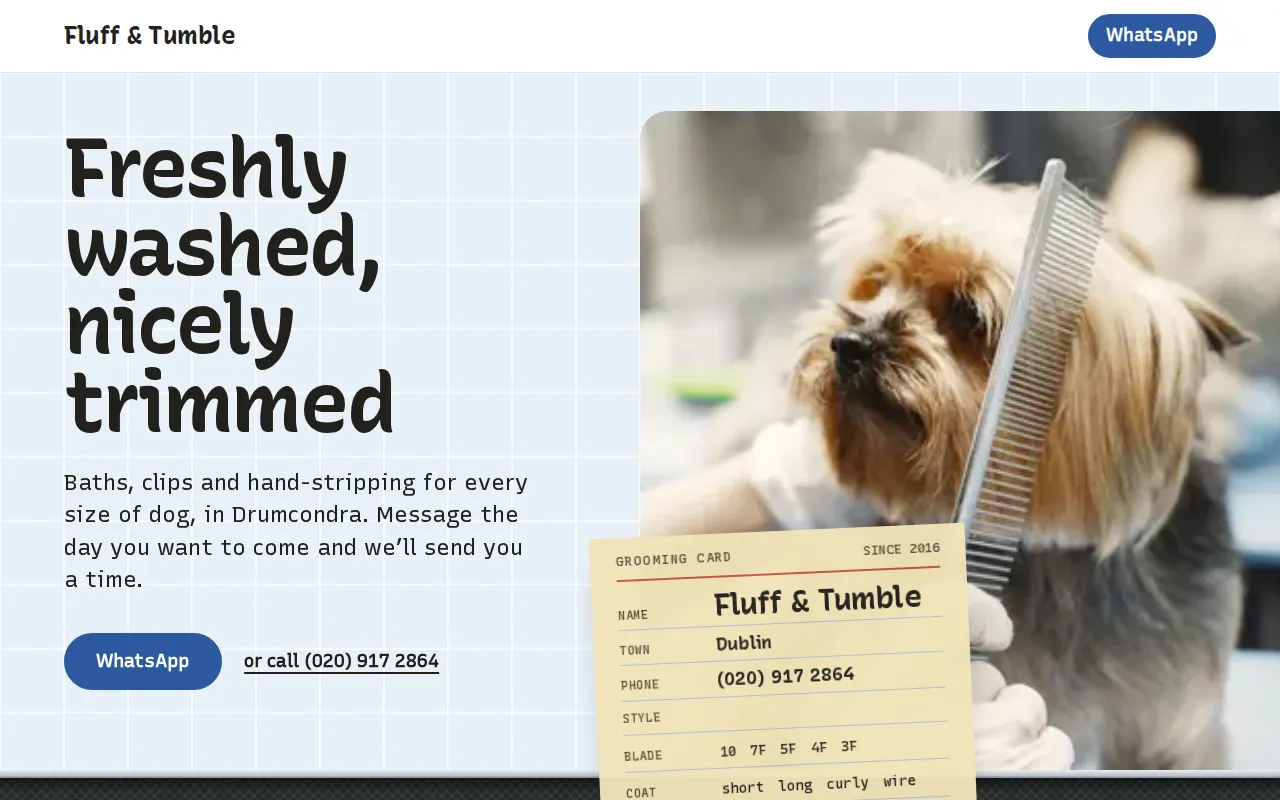 Example website for a dog groomer: Fluff & Tumble, Dublin