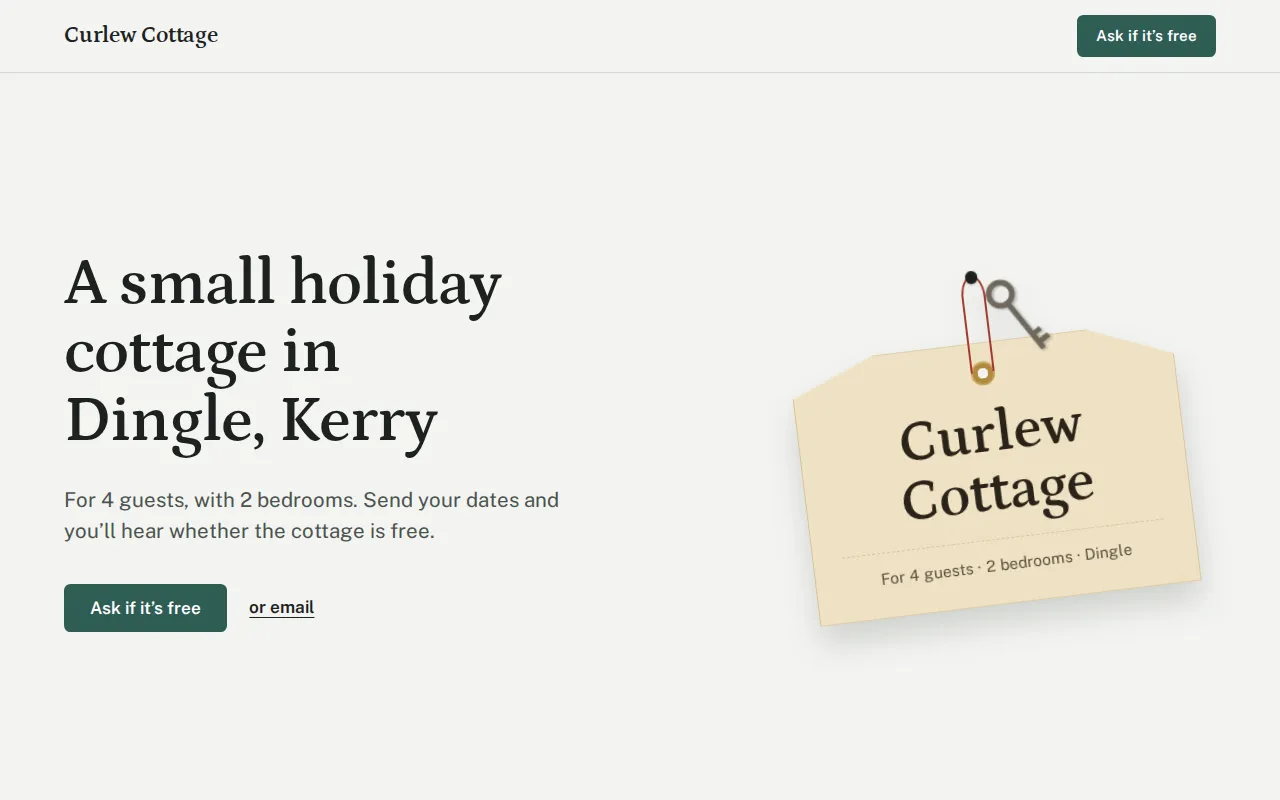 Example website for a holiday home: Curlew Cottage, Dingle