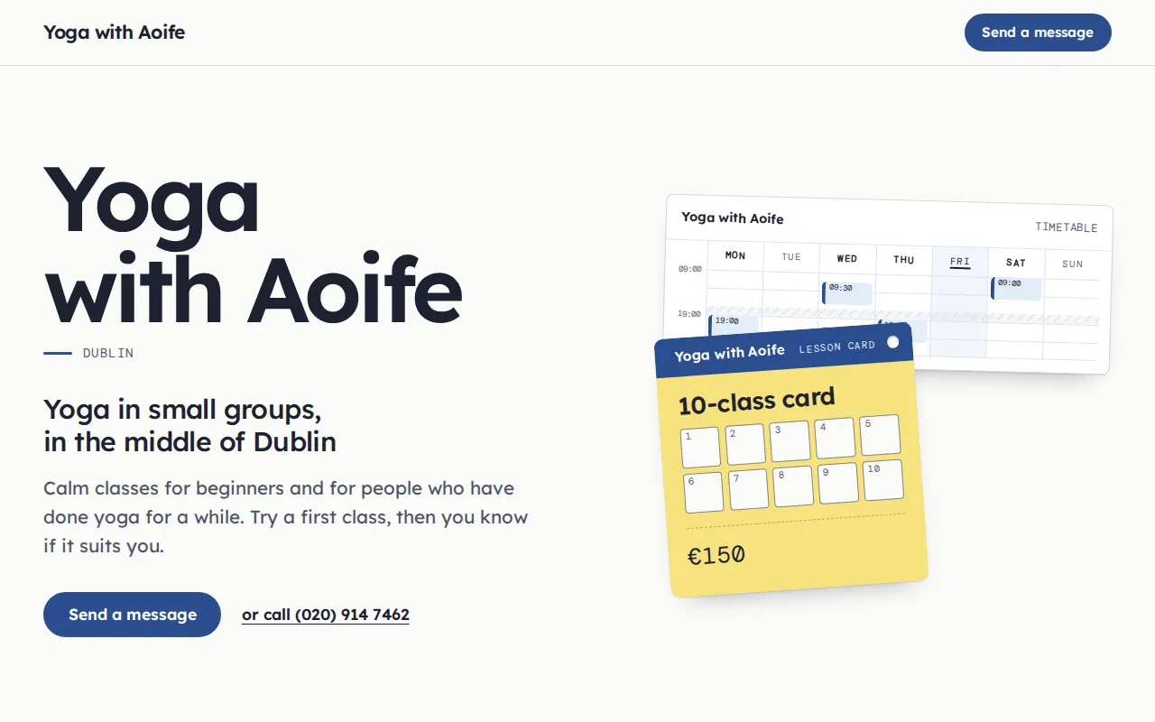 The design a coach gets, shown with the example Yoga with Aoife
