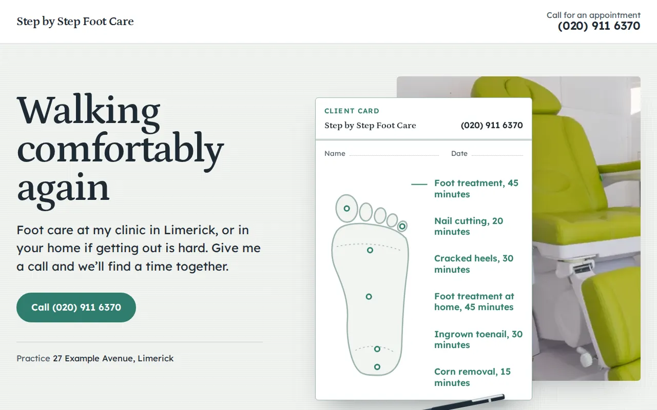Example website for a pedicure: Step by Step Foot Care, Limerick