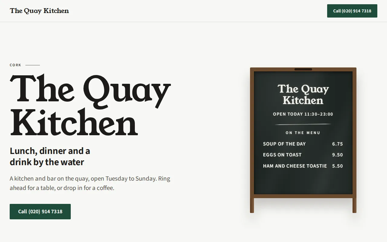 Example website for a restaurant: The Quay Kitchen, Cork