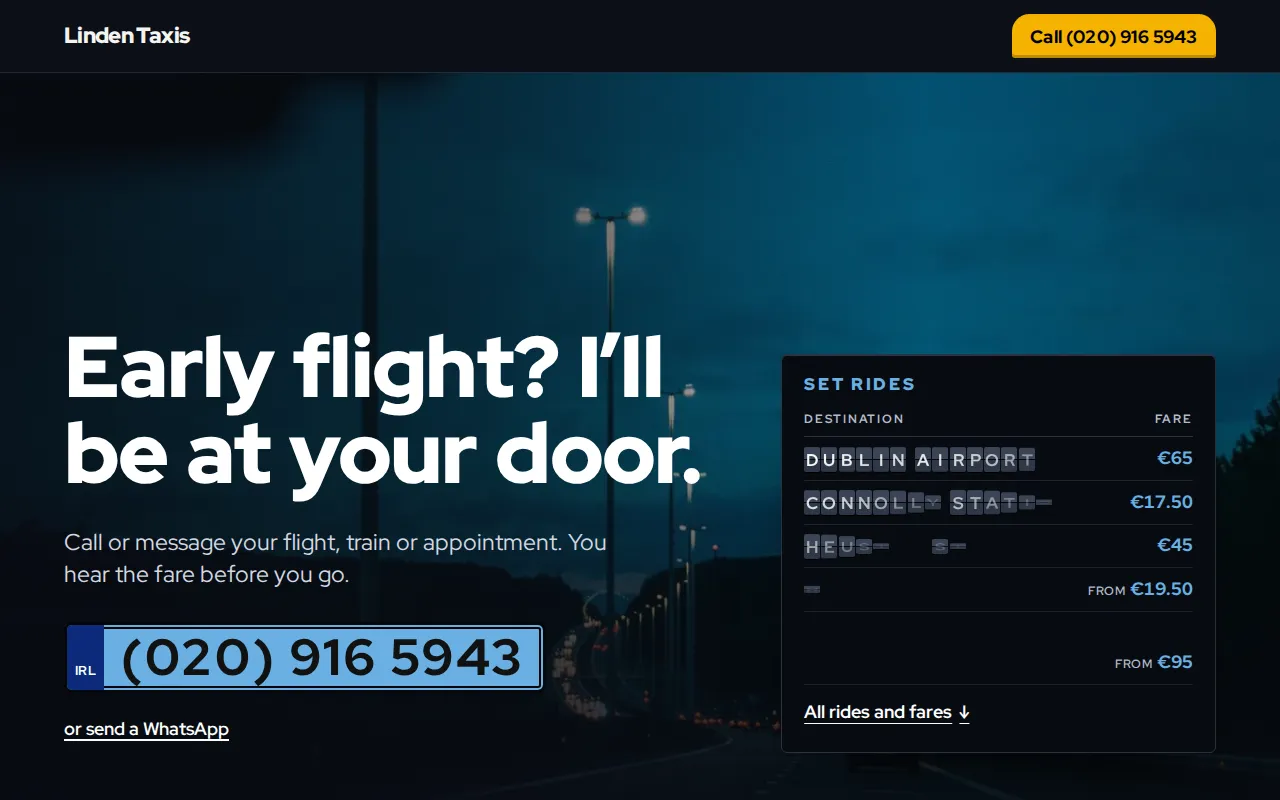 Example website for a taxi: Linden Taxis, Dublin city