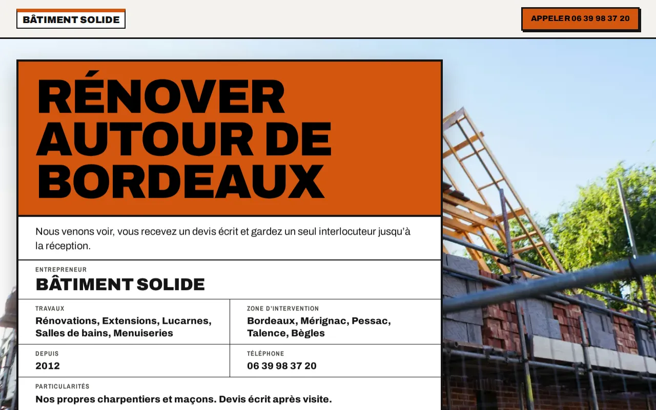 Site d’exemple pour entrepreneur en construction : Bâtiment Solide, Bordeaux