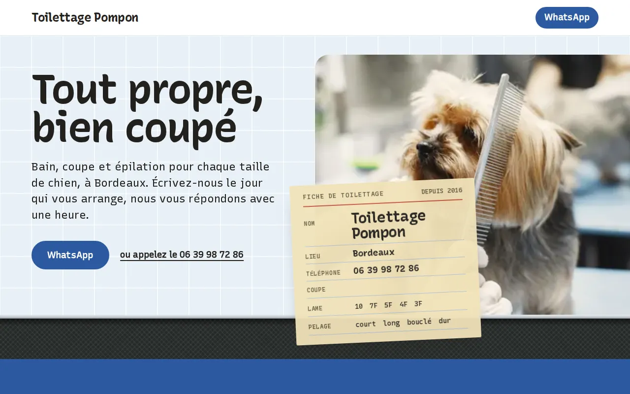 Site d’exemple pour salon de toilettage : Toilettage Pompon, Bordeaux