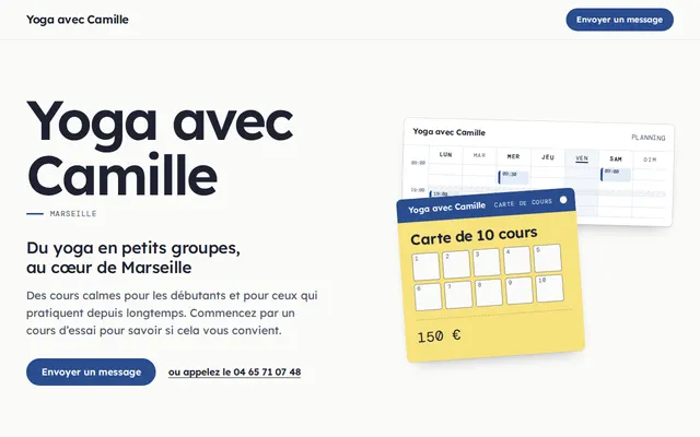 Site d’exemple, cours ou coaching : Yoga avec Camille