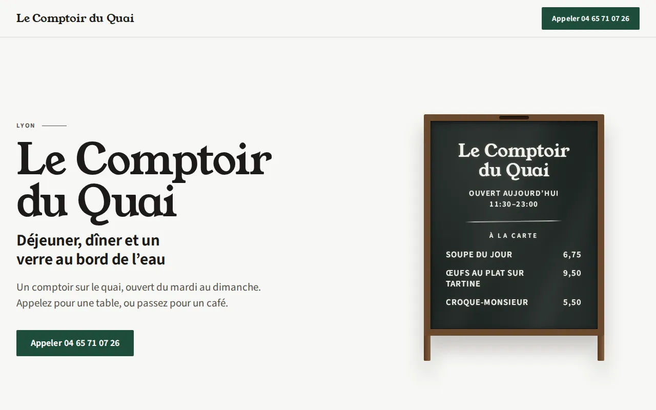Site d’exemple pour site de restaurant : Le Comptoir du Quai, Lyon